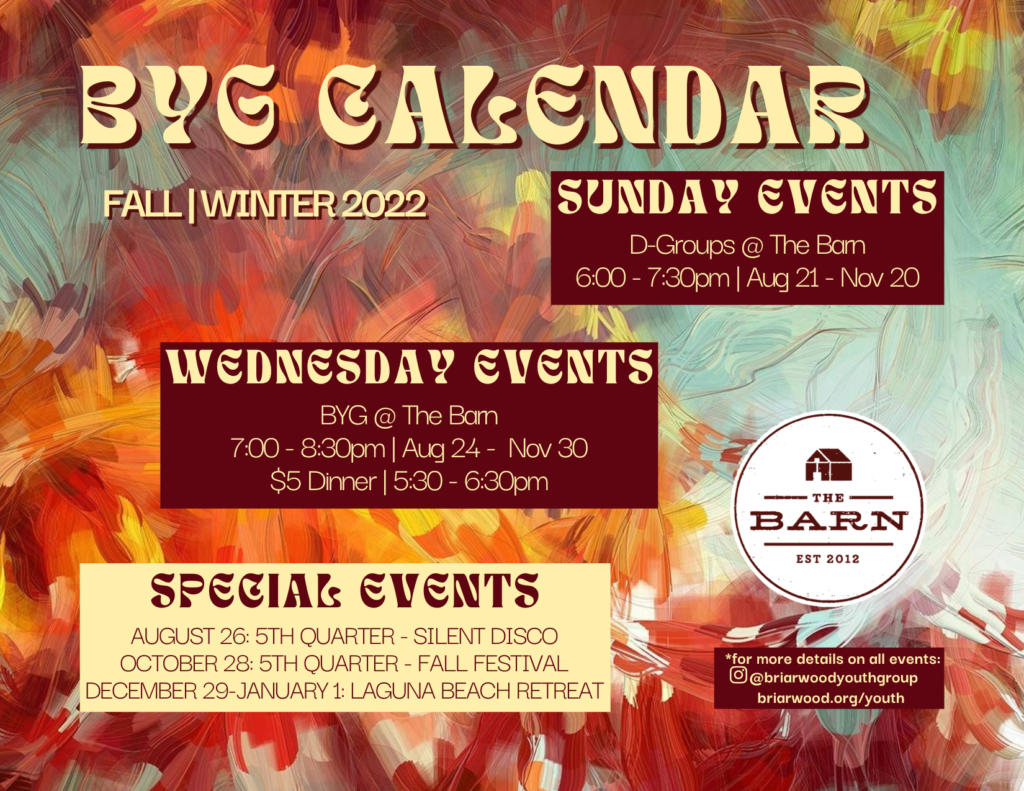 BYG CALENDAR FALL 2022 Youth Ministry